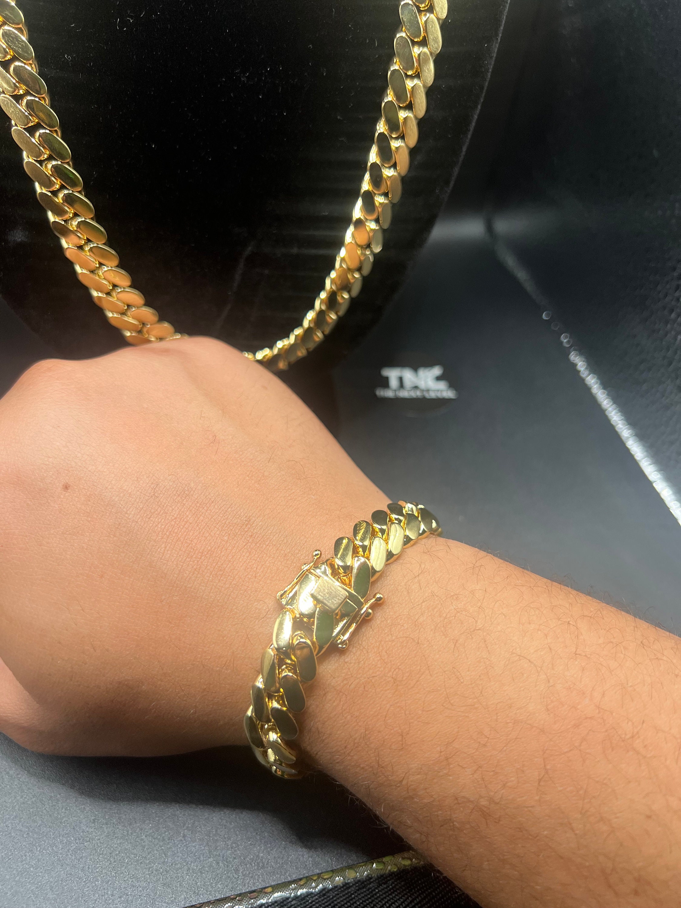 12mm Combo Set -cuban Chain & Bracelet -18k Gold-brass 12mm Combo Set -cuban Chain & Bracelet -18k Gold-brass