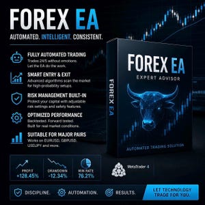 May include: A black rectangular box for a Forex EA expert advisor software, featuring a blue glowing bull graphic and text including "FOREX EA," "AUTOMATED. INTELLIGENT. CONSISTENT," and performance metrics showing a 128.45% profit and 76.21% win rate.