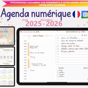 May include: Digital agenda for 2025-2026 displayed on a tablet, with a calendar and to-do list. The image includes the text "Agenda numérique" and "+ DE 800 PAGES". Additional screens show calendar views and a colorful cover design.