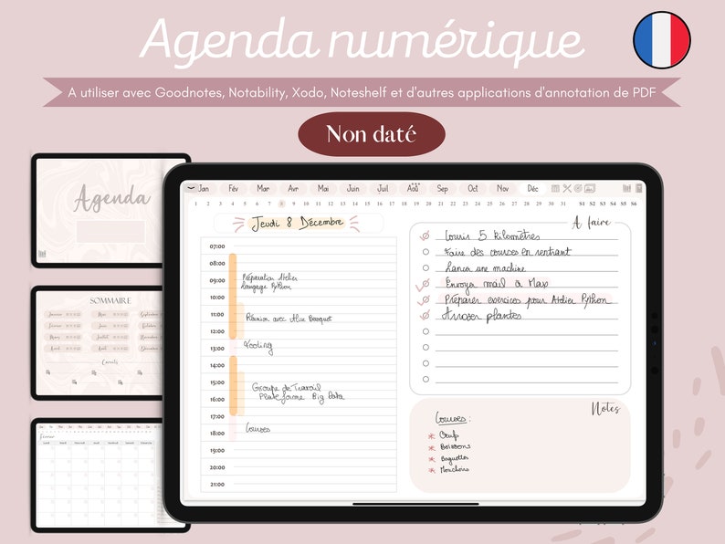 Agenda numérique non daté annuel en français édition rose planner iPad tablette agenda digital étudiant Goodnotes Notability Noteshelf image 1