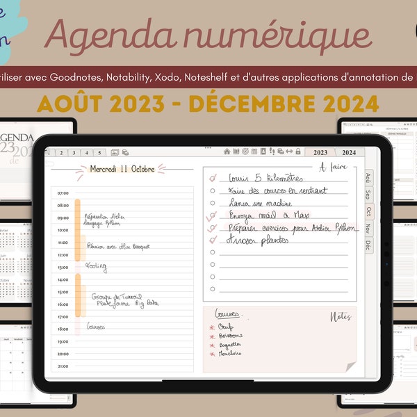 Agenda numérique daté 2023-2024 en français édition neutre planner iPad tablette agenda digital étudiant Goodnotes Notability Noteshelf