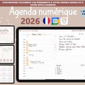 Pode incluir: Agenda digital para 2026 exibida em um tablet, com visualizações de calendário e páginas de planejamento diário. A imagem inclui o texto "Agenda numérique 2026" e um ícone da bandeira francesa. A agenda tem mais de 600 páginas.