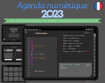 Agenda numérique daté 2023 en français édition sombre, planner digital pour iPad agenda digital étudiant Goodnotes Notability Noteshelf Xodo