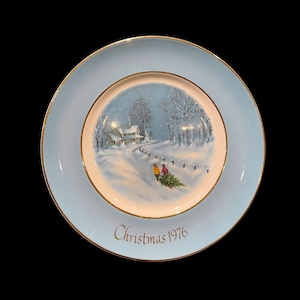 Vintage Avon Christmas Plate &quot;Bringing Home The Tree&quot;, by Enoch Wedgwood, 1976, Collectible Porcelain Decorative Plate, Holiday Wall Plate
