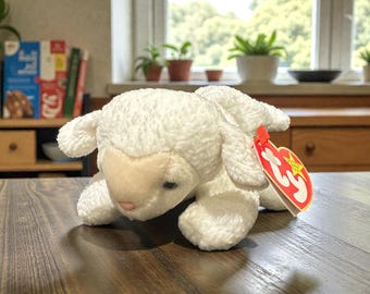 Vintage Ty Beanie Baby Fleece the Lamb, White Lamb Plush with Tag, Retired Collectible