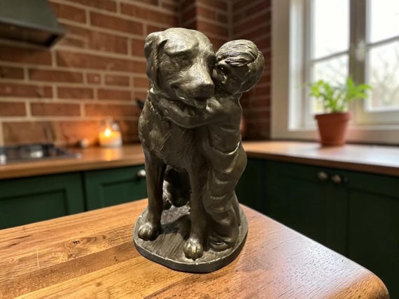 ヴィンテージ・ヘレディティーズ社製ブロンズ彫刻「犬を抱きしめる少年