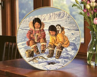 Vintage Inuit Girls Ice Fishing Collector Plate, Nori Peter "Patience"