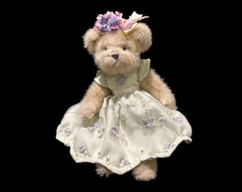 Vintage Bearington Teddy Bear Jointed Plush Stuffed Animal, Stuffed Toy, Stuffed Bear Collectible Series Lilac Flowers, Floral Dress