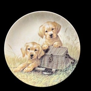 May include: A ceramic plate featuring a painting of two golden retriever puppies looking out of a wicker basket. The puppies are surrounded by green grass and wildflowers.