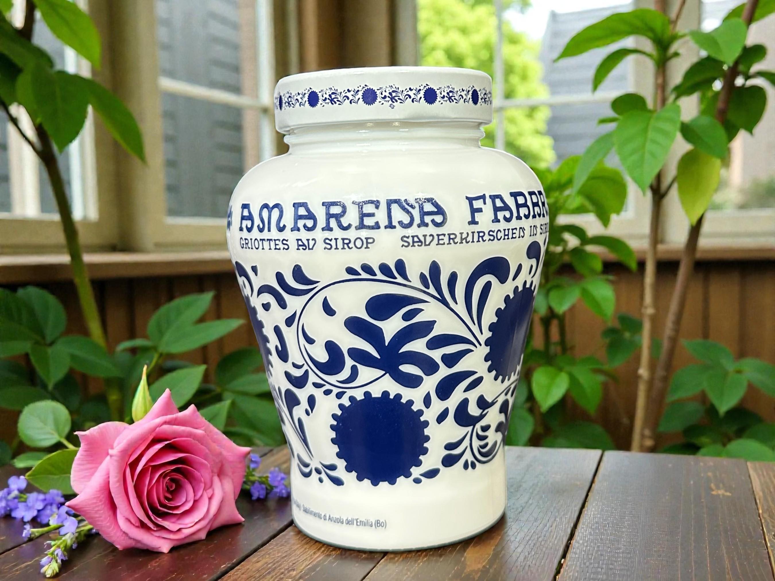 Vintage Fabbri Amarena Jar, Blue & White Italian Ceramic Syrup Jar
