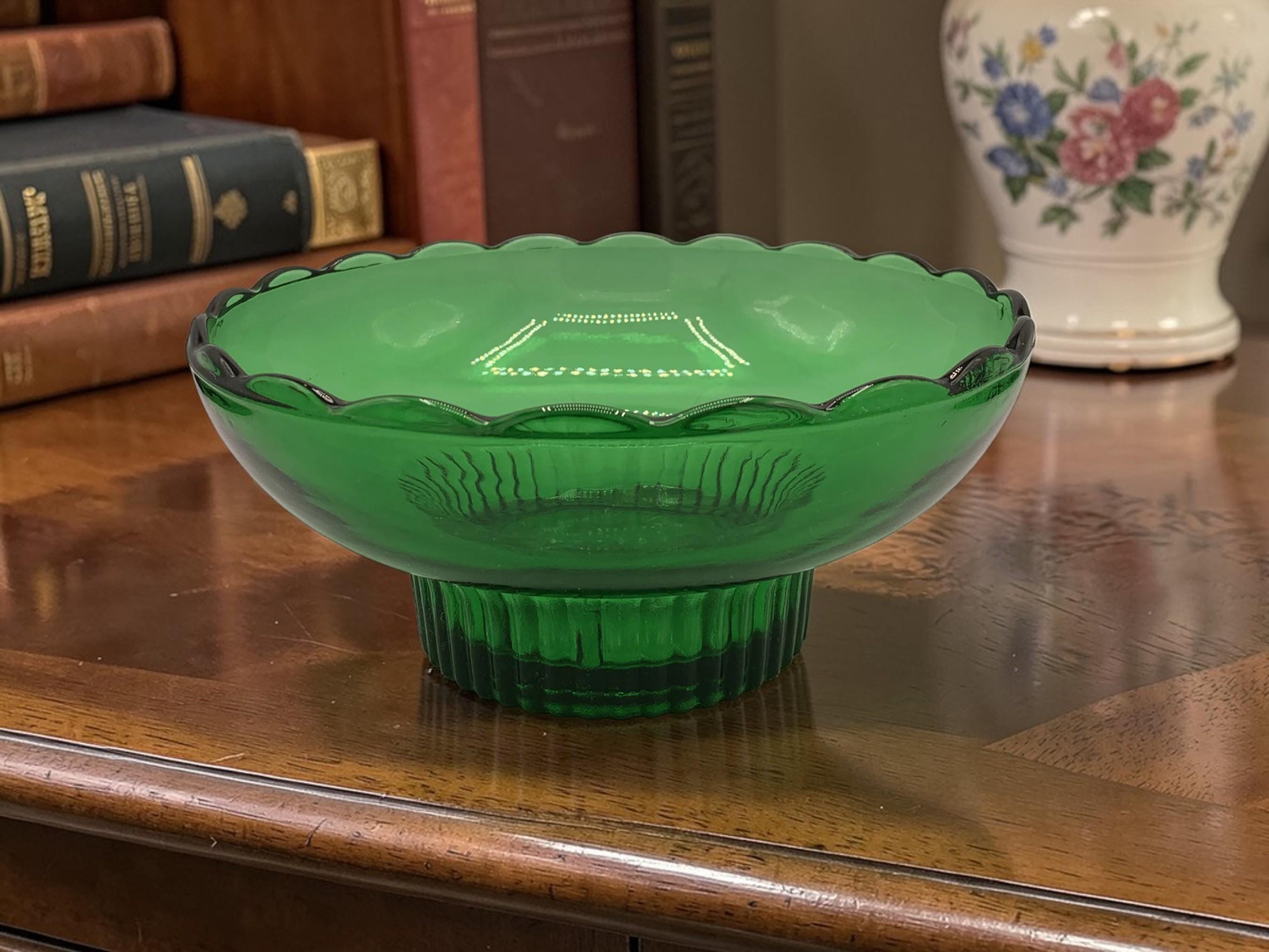 Set of 2 Vintage E.O. Brody Co Green Glass M2000 Pedestal Bowls