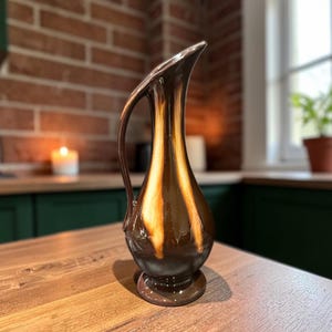Vintage Huronia Pottery Drip Glaze Ewer Vase | Brown & Amber Canadian Art Pottery Pitcher