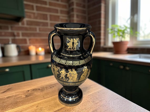 ギリシャ24ＫGOLD handmade Greece アンティーク　花瓶 Vintage Greek Amphora Vase 24K Gold – Hand Made in Greece – Black