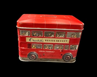 Vintage Churchill&#39;s Confectionery London Double Decker Bus Piggy Bank Collector&#39;s Tin, Vintage Tin Bank, Double Decker Bus Coin Bank