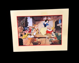 May include: A vintage illustration of Snow White dancing with one of the seven dwarfs, while the other dwarfs play music in a cozy cottage setting.