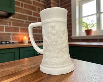 Vintage White Milk Glass Beer Stein Mug, Tavern Style Tankard,  Retro Style Embossed Mug