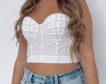 Pearl bralette - pearl bustier wedding embellished crop top bridal party hen do outfit lingerie pearl corset summer bachelorette bra top