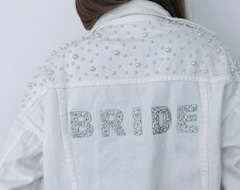 Personalised Bride white pearl denim jacket embellished jean jacket bridal party wedding gift mrs hen outfit wifey rhinestone denim jacket