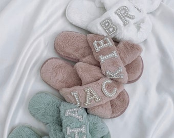 Personalised slippers - diamonte Pearl initials fluffy slippers sage green dusty pink white bride bridesmaid gift for her Christmas present