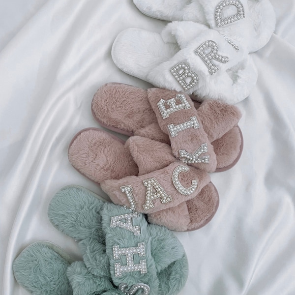 Personalised slippers - diamonte Pearl initials fluffy slippers sage green dusty pink white bride bridesmaid gift for her Christmas present