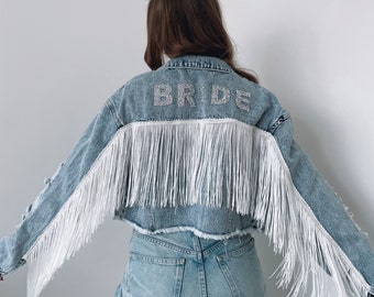 Personalised Bride tassel denim jacket cropped jean jacket coat bridal party wedding gift mrs hen do outfit wifey rhinestone denim jacket