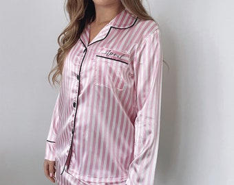 Personalised satin pyjamas Pink satin striped pjs nightwear stripe robe silky Victorias secret style bridesmaid bridal Christmas gift pyjama