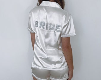Personalised bride pyjamas diamond white satin bridal pjs robes dressing gown pyjamas ivory pjs bridesmaid gift Diamonte robe bride wedding