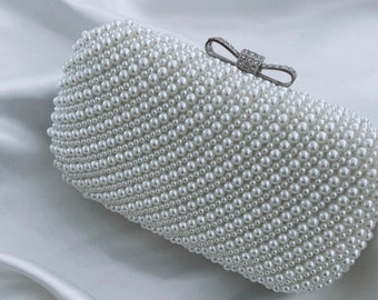 Pearl box bag - Pearl gem bride handbag clutch bag wedding day gift Diamonte gems pearl diamond bag purse hen party embellished jewel silver