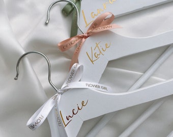 Personalised hanger - wedding dress hanger with ribbon gold silver bridesmaid hanger maid of honour bridal party bride wooden hanger clothes