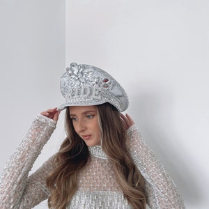 Diamonte bride cap rhinestone diamond wedding captain hat hen do bachelorette bridal party honeymoon silver Pearl hat Jew gems sparkly hat image 7