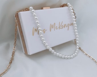 Personalised white box bag - white and gold bride Mrs handbag white clutch bag wedding day gift Silver gold pearl hen party embellished