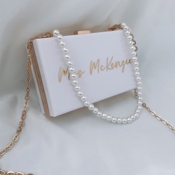 Personalised white box bag - white and gold bride Mrs handbag white clutch bag wedding day gift Silver gold pearl hen party embellished