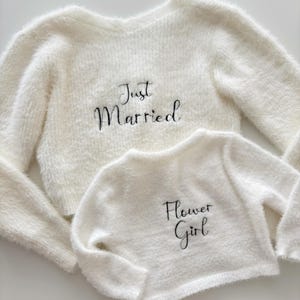 Embroidered just married cardigan wedding shrug personalised wedding flower girl cardigan fluffy jumper cover up bride jacket wedding knit