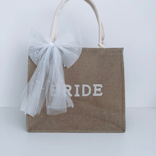 Large Bride Tote Bag - Pearl Bow Bride Bag Diamonte Pearl tote bag bridesmaid bag personalised honeymoon wedding wife gift for bride hen do