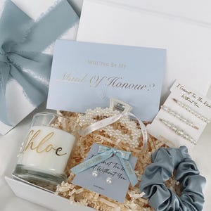 Personalised Bridesmaid Proposal Gift Box Dusty Blue Maid of Honour gift bridesmaid gift Bridal Party Pearl earring present wedding day gift