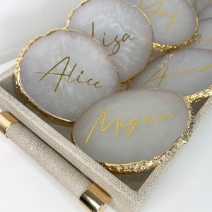 Personalised Place Wedding Table Name Places Gold Drinks Coasters Bridesmaid Gift Jewellery Tray Agate Slice Bridal Favour Bridal Party Matt