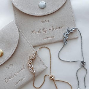 Bridesmaid bracelet maid of honour jewellery pouch bridal gift leaf bracelet silver necklace gold diamomd bracelet bridesmaid jewellery gift
