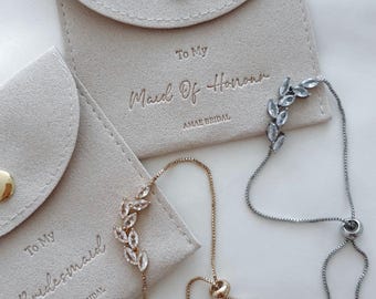 Bridesmaid bracelet maid of honour jewellery pouch bridal gift leaf bracelet silver necklace gold diamomd bracelet bridesmaid jewellery gift