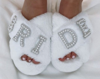 Personalised slippers - diamonte Pearl initials fluffy slippers sage green dusty pink white bride bridesmaid gift for her Christmas present