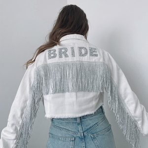 Personalised Bride tassel denim jacket cropped jean jacket coat bridal party wedding gift hen do outfit wifey rhinestone white denim jacket