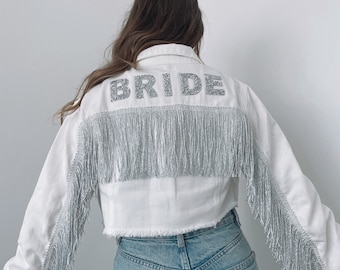 Personalised Bride tassel denim jacket cropped jean jacket coat bridal party wedding gift hen do outfit wifey rhinestone white denim jacket