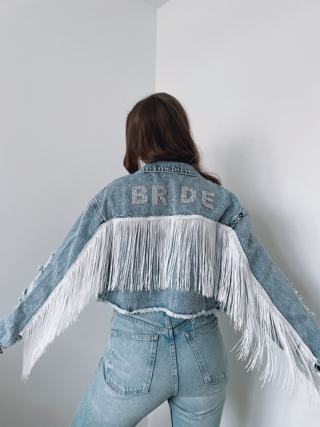 Personalised Bride Tassel Denim Jacket Cropped Jean Jacket Coat Bridal