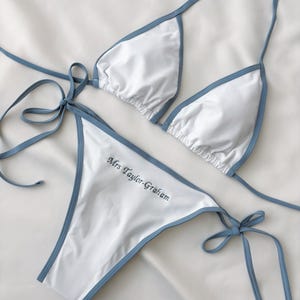 Personalised embroidered bikini White Bikini Set soemthing blue Custom Name Swimsuit Bridal Bikini Bachelorette Bikini honeymoon swimwear image 1