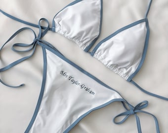 Personalised embroidered bikini White Bikini Set soemthing blue Custom Name Swimsuit Bridal Bikini Bachelorette Bikini honeymoon swimwear