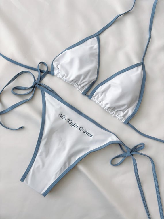 Personalised embroidered bikini White Bikini Set soemthing blue Custom Name Swimsuit Bridal Bikini Bachelorette Bikini honeymoon swimwear