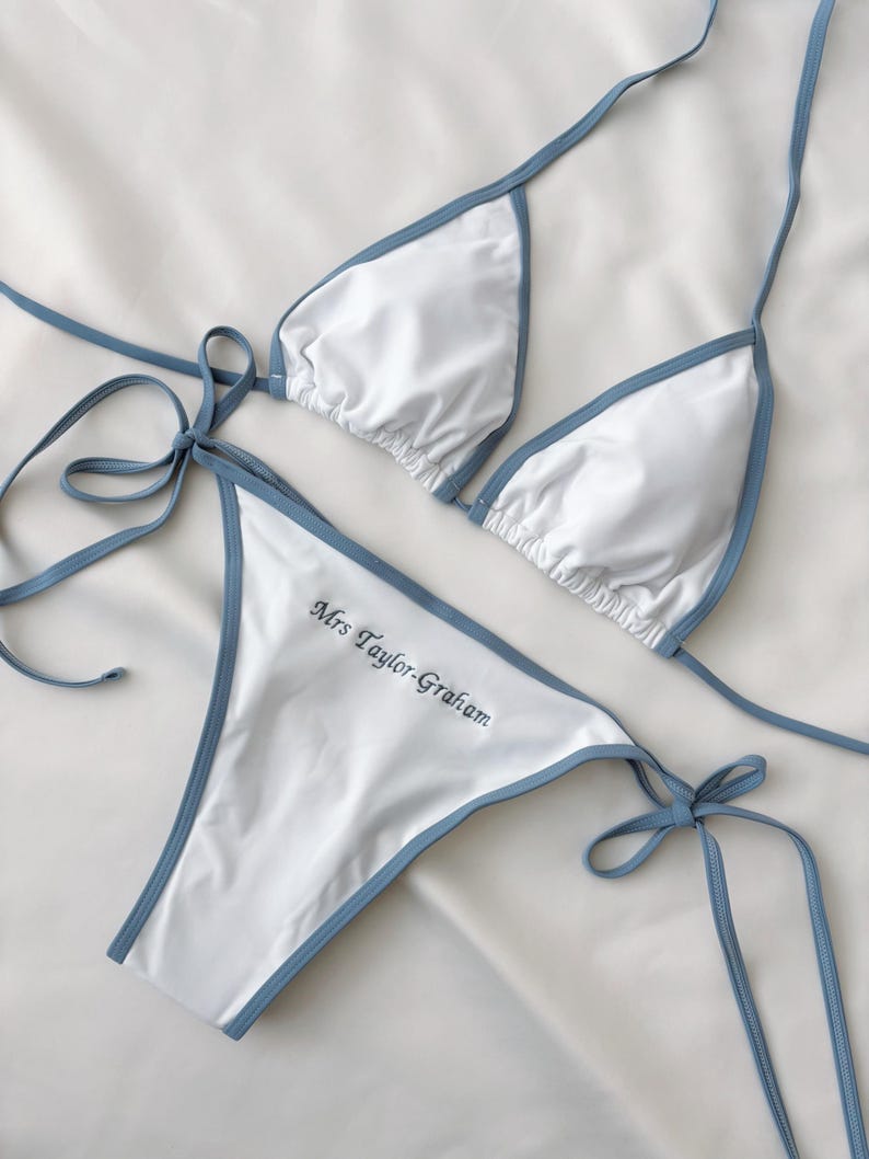 Personalised embroidered bikini White Bikini Set soemthing blue Custom Name Swimsuit Bridal Bikini Bachelorette Bikini honeymoon swimwear image 1