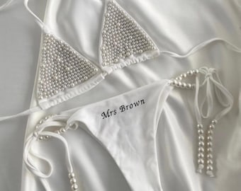 Gepersonaliseerde geborduurde parelbikini witte bikiniset aangepaste naam badpak bruids parelbikini vrijgezellenbikini huwelijksreis badmode