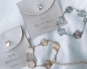 Bridesmaid bracelet maid of honour jewellery pouch bridal gift bracelet silver necklace gold pearl clover bracelet bridesmaid jewellery gift