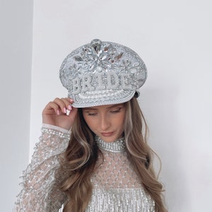 Diamonte bride cap rhinestone diamond wedding captain hat hen do bachelorette bridal party honeymoon silver Pearl hat Jew gems sparkly hat image 1