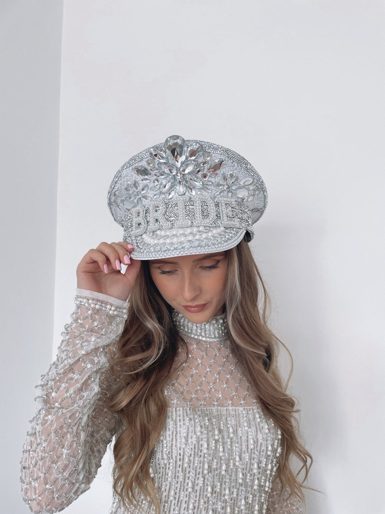 Diamonte bride cap rhinestone diamond wedding captain hat hen do bachelorette bridal party honeymoon silver Pearl hat Jew gems sparkly hat image 1